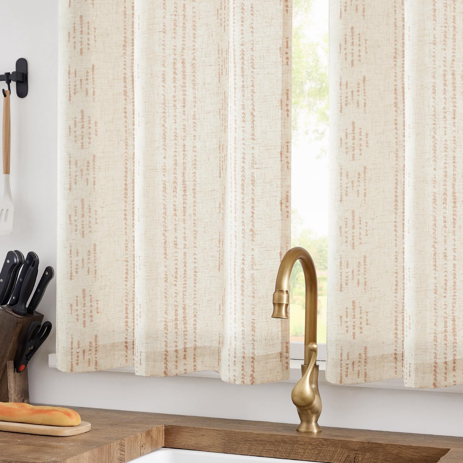 Jinchan Boho Kitchen Curtains Linen Tier Curtains 36 Inch Long Bohemian Cafe Curtains Geometric Striped Small Window Curtains Farmhouse Country For Bathroom Rv Light Filtering 2 Panels Taupe On Beige